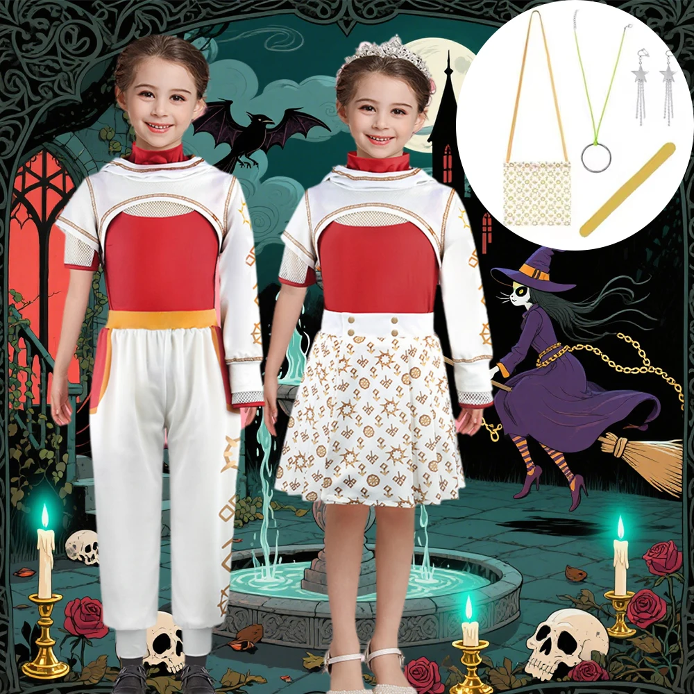 Girl Cosplay Costume With Accessories Halloween School Style Zombies Cheerleader Uniform Red Coat+T-Shrt+Skirt Sets For Children