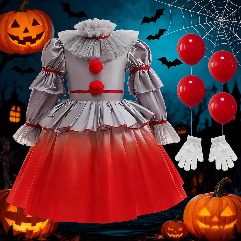 Girls Party Dresses Halloween Costumes Kids Horror Ghost Movie Joker Pennywise Cosplay Dress With Gloves Balloons Christmas