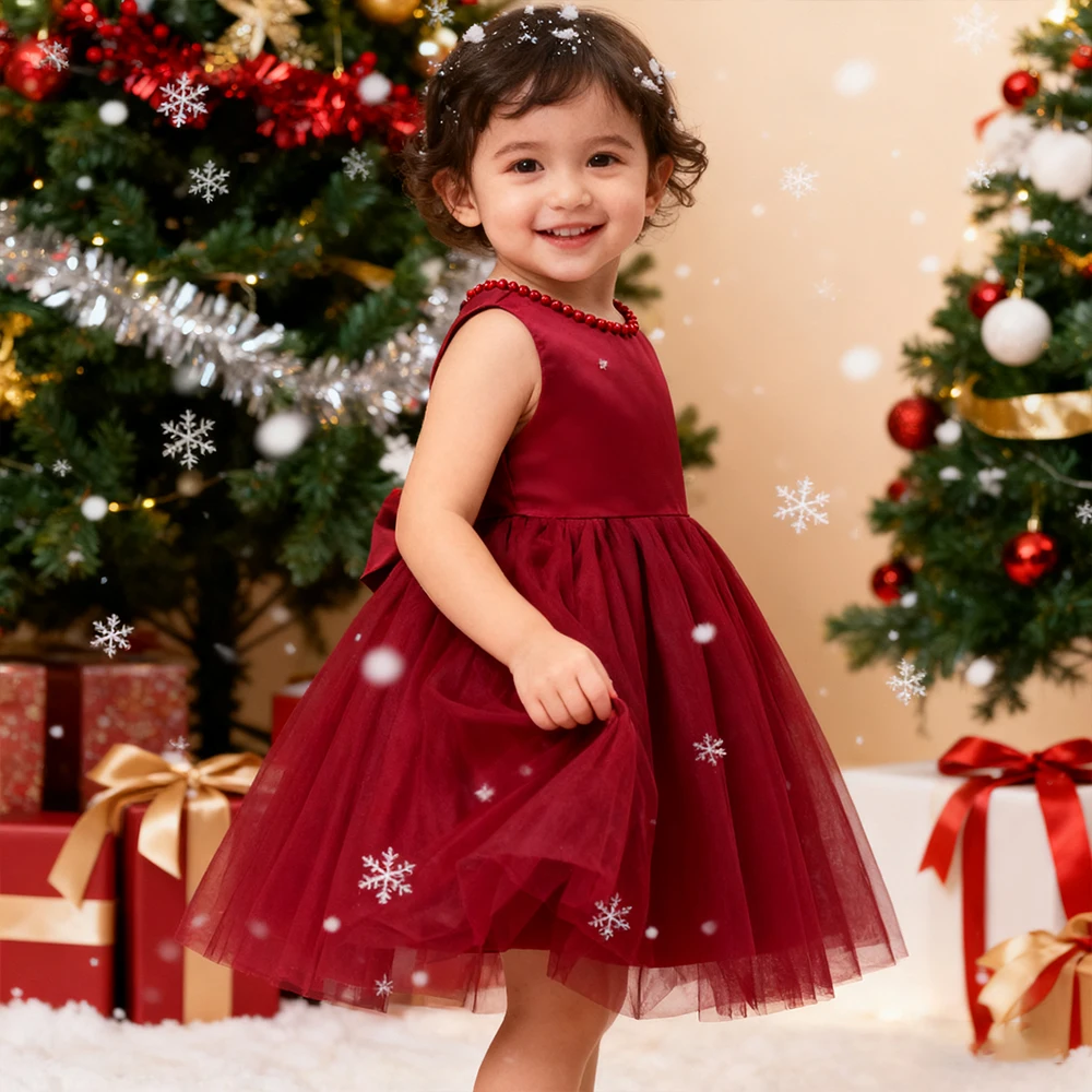 Flower Girl Red Wedding Dress Christmas Costume Baby Girl Clothes Elegant Girls Party Dresses New Year Gifts Birthday Dress 0-2Y