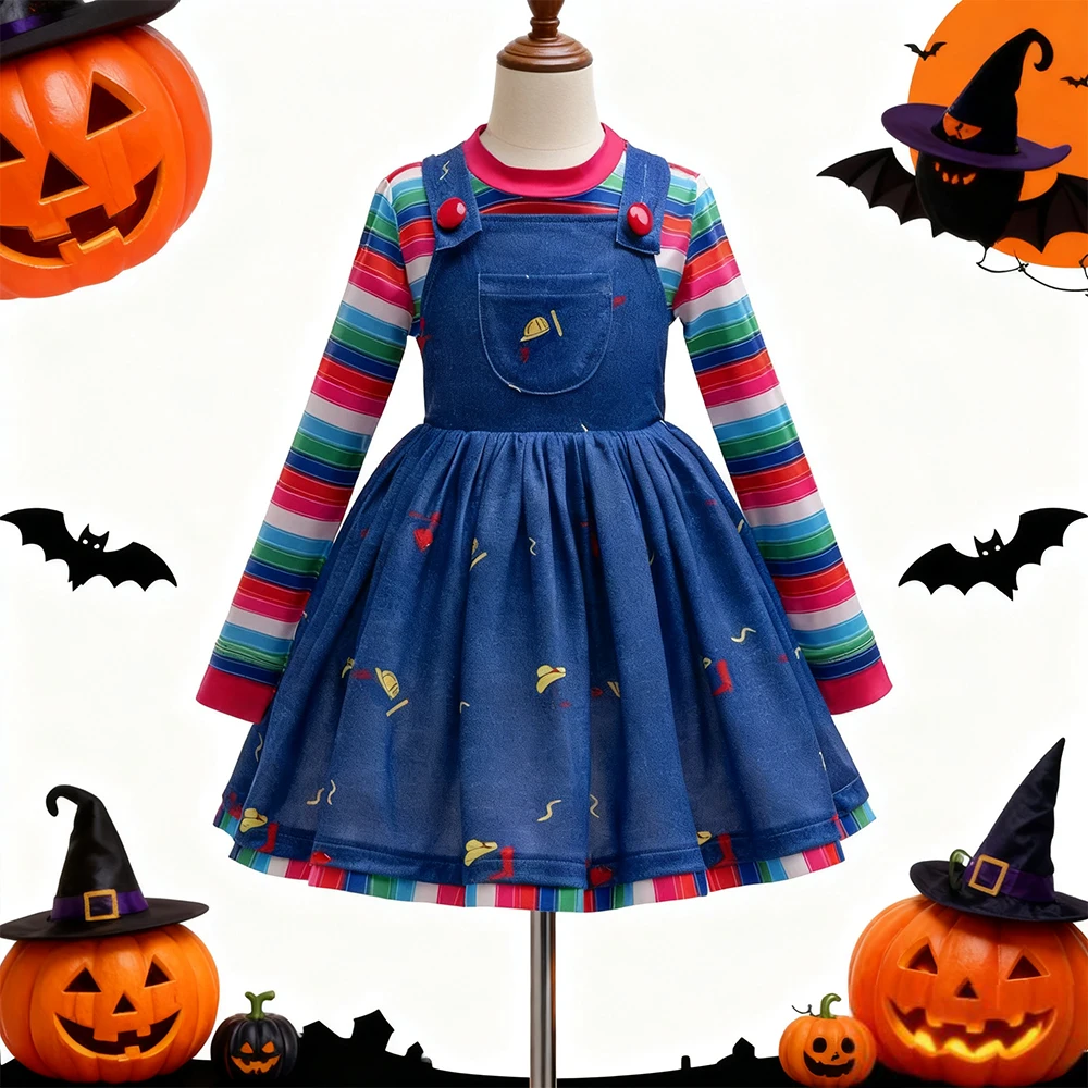 Girl Dresses Horror Movie Ghost Doll Cosplay Costume Striped Top+Denim Dress 2PCS Sets For Children Halloween Party Clothing