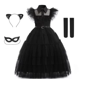 Children's Role Play Costumes Girls Wednesday Same Style Cosplay Dresses Mardi Gras Party Dress Black Long Dress 4-10 Years Old