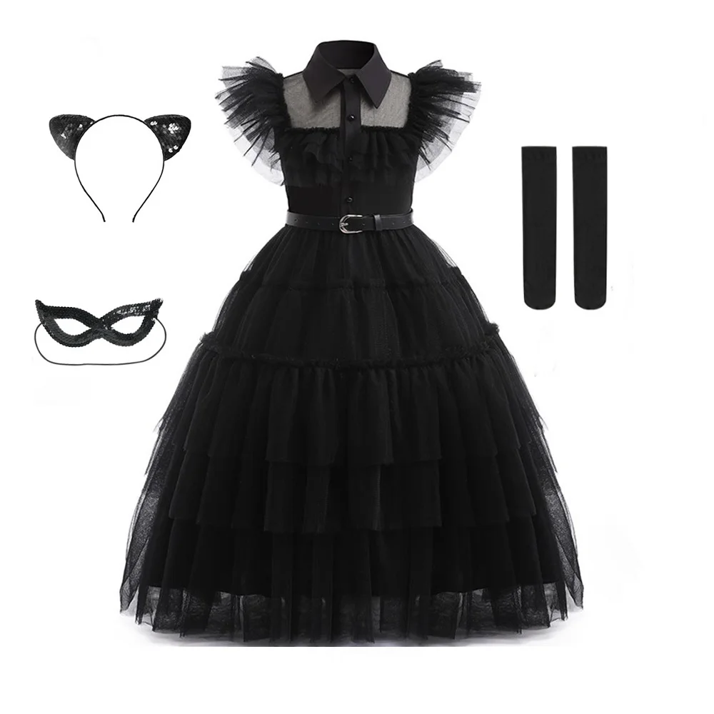 Children's Role Play Costumes Girls Wednesday Same Style Cosplay Dresses Mardi Gras Party Dress Black Long Dress 4-10 Years Old