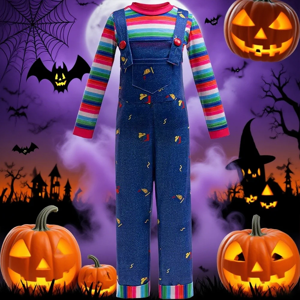Boys Movie Horror Chucky Cosplay Costume Striped Tops+Jumpsuits Two Pieces Sets For Children Halloween Carnival Perform Outfits