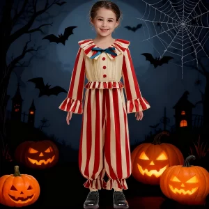 Halloween Funny Clown Cosplay Costume For Children Red Striped Jumpsuit Boys Girls Party Dresses Up Ruffle Girl Clothes Outfits